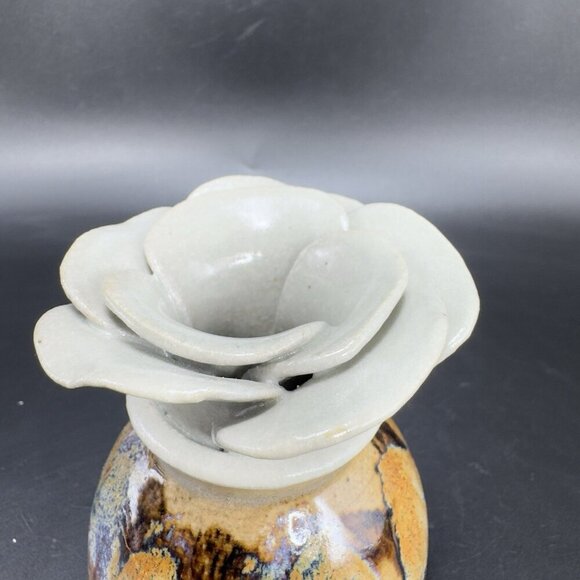 Vintage Studio Pottery Flower Shaped Bud Vase Drip Glaze Stoneware Signed Judy - Picture 12 of 12